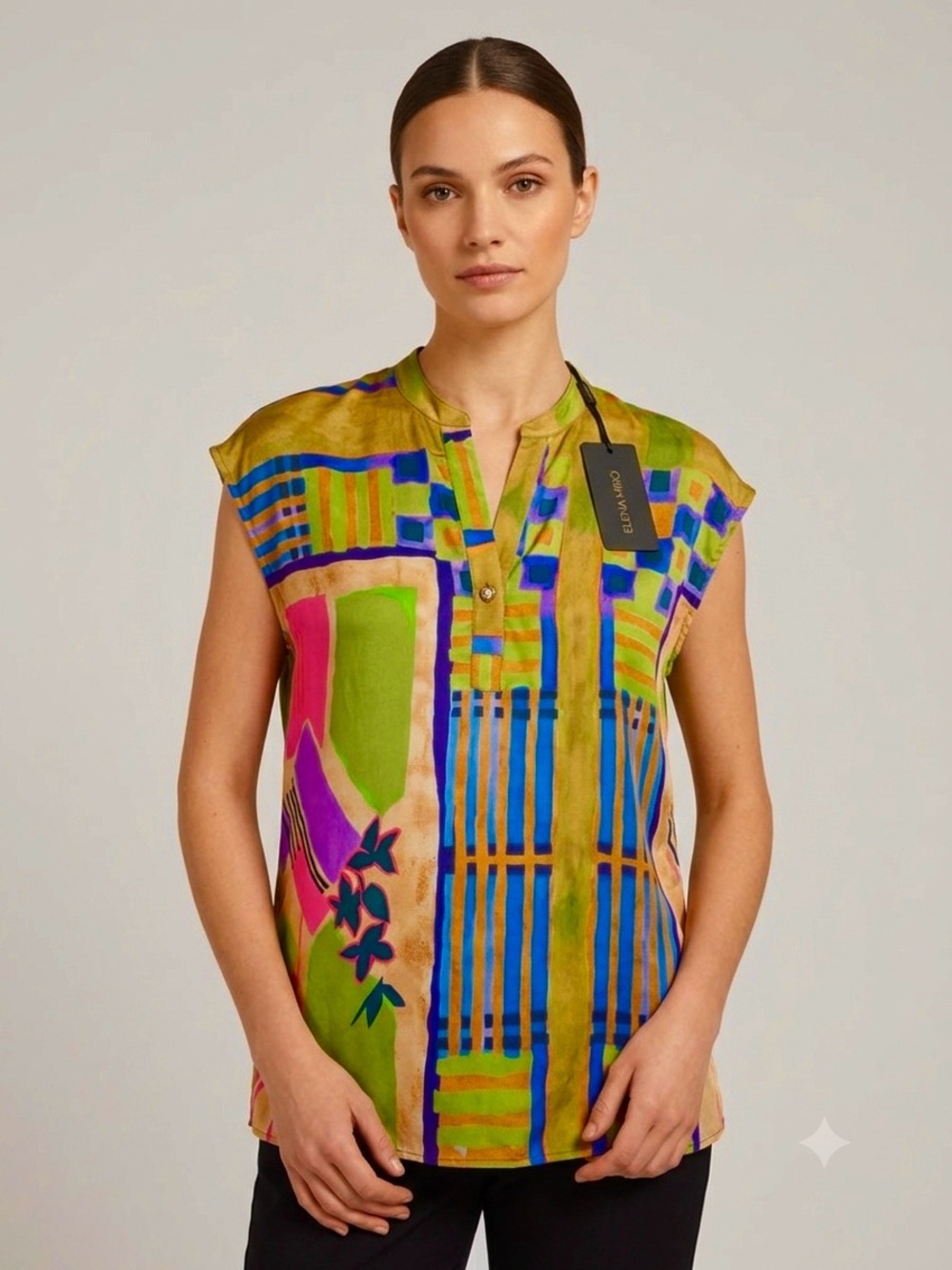 NWT Elena Mirò Abstract Multicolor Geometric V-Neck Tunic Blouse Sz 02